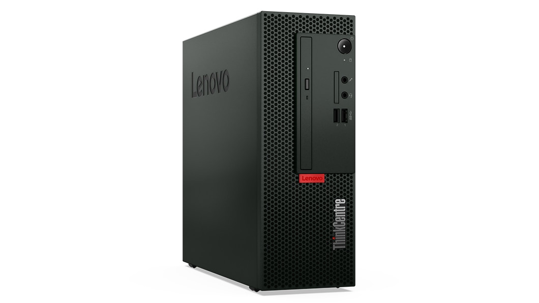 Left-angle front view of the ThinkCentre M70c desktop computer showing power button and ports