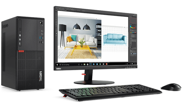 Lenovo ThinkCentre M715 Tower, front left side view beside peripherals