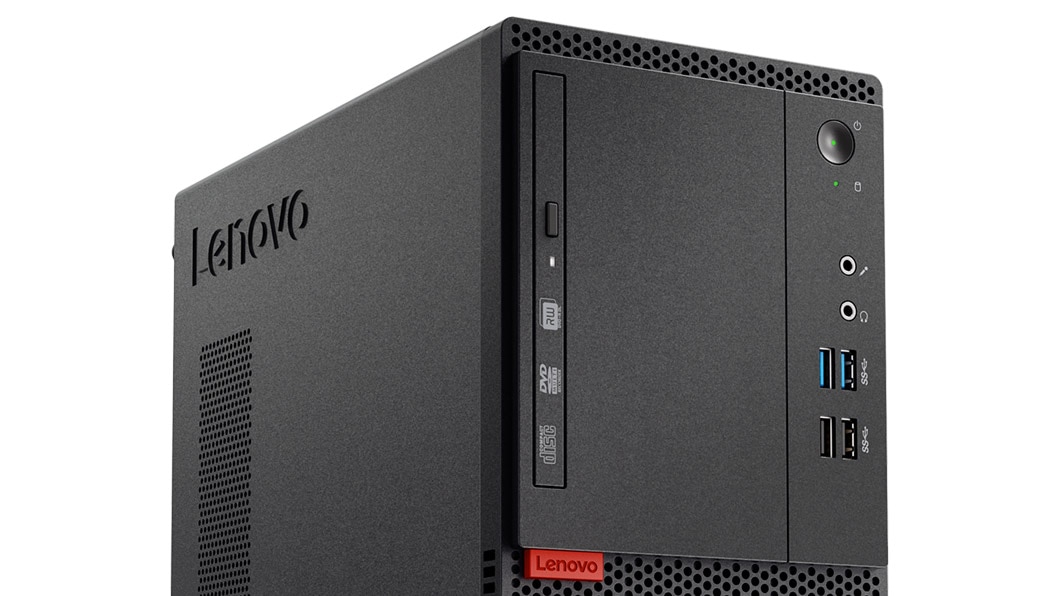 Lenovo ThinkCentre M715 Tower, front detail view of ports and optical drive