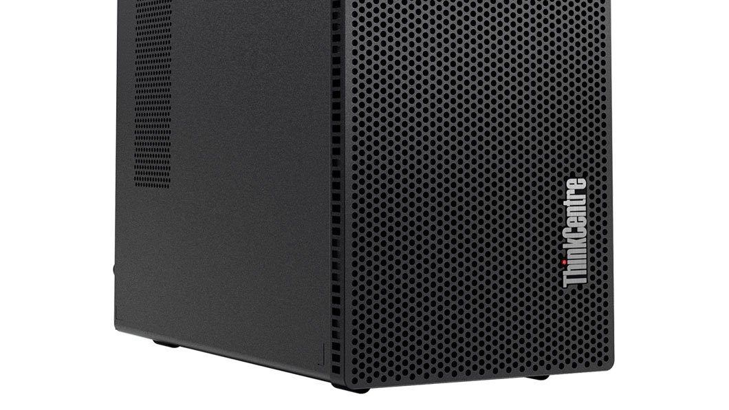 Lenovo ThinkCentre M715 Tower, front left side view, vent and logo detail