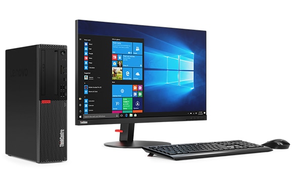 Lenovo ThinkCentre M920 SFF placed next to a display, wireless keyboard and mouse