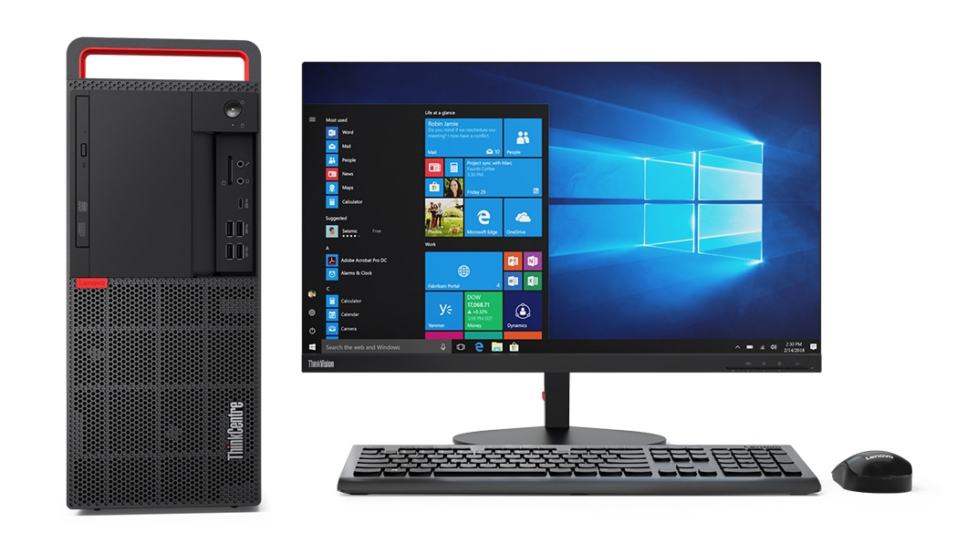 Lenovo ThinkCentre M920 Tower alongside monitor, wireless keyboard and mouse