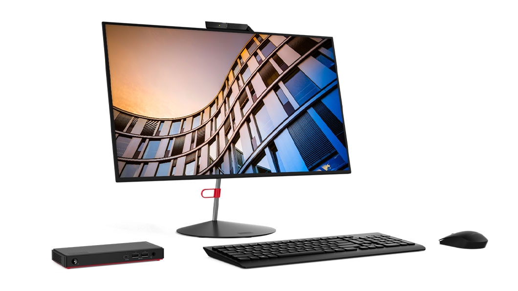 Lenovo ThinkCentre M90n Nano along with monitor, mouse and keyboard