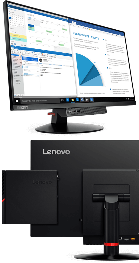 Lenovo ThinkCentre Tiny-in-One 24, front and back views showing tiny device insertion