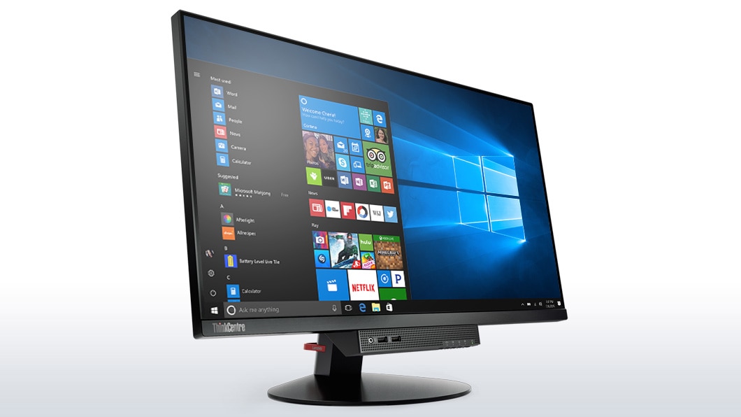 Lenovo ThinkCentre Tiny-in-One 24, front left side view featuring Windows 10