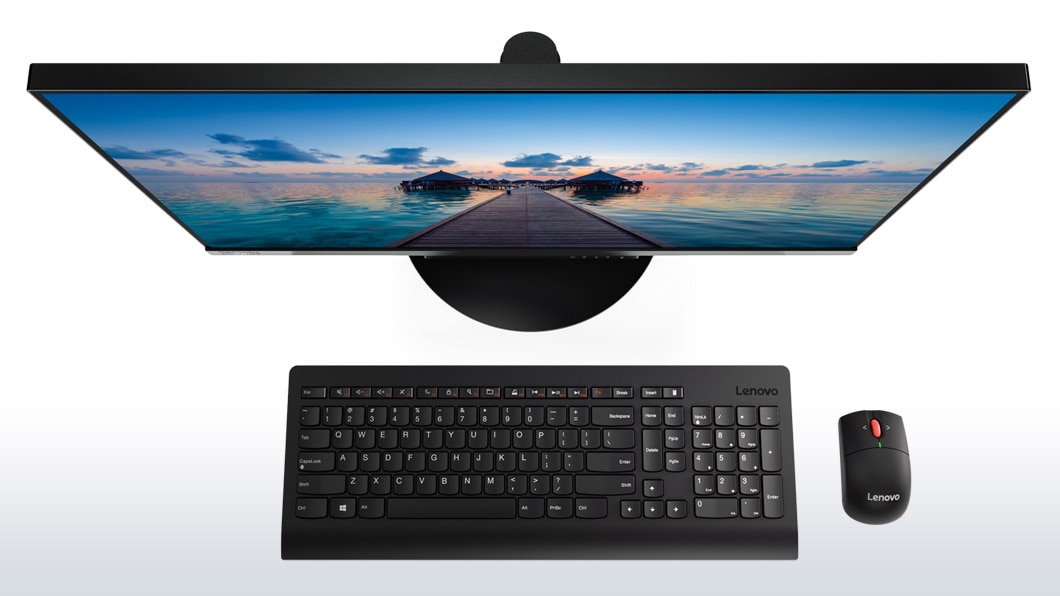 Lenovo ThinkCentre Tiny-in-One 24, front overhead view with keyboard and mouse