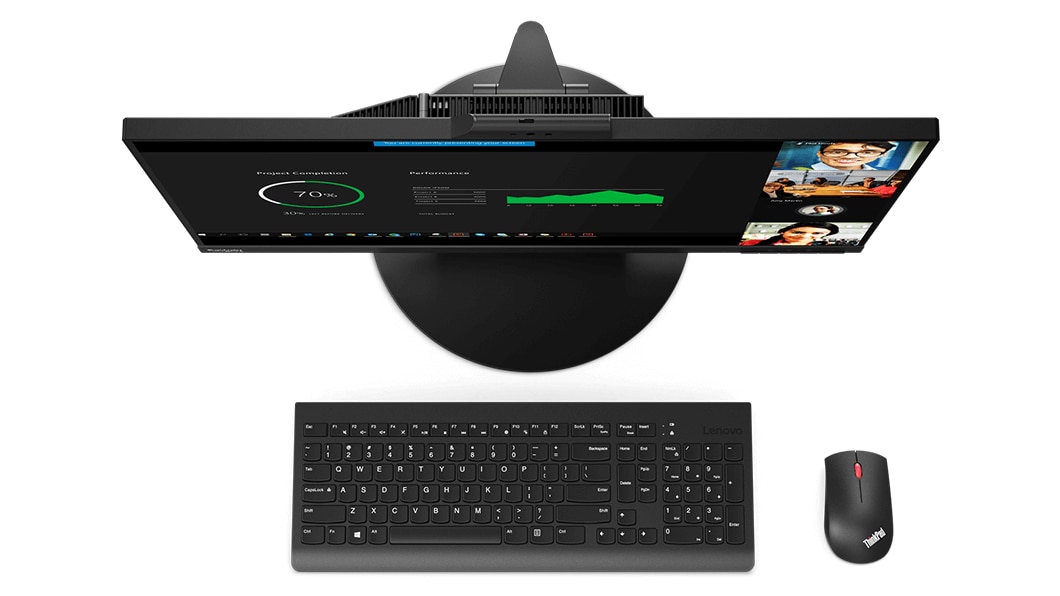 Top view of Lenovo ThinkCentre TIO 27 with mouse and keyboard