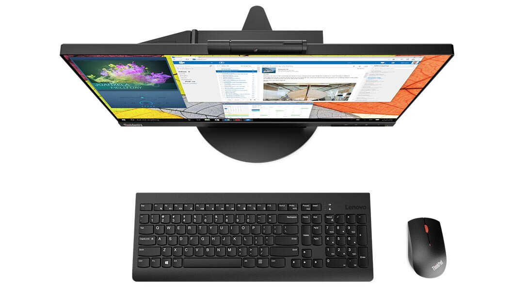 Lenovo ThinkCentre TIO 3 (22), front overhead view with mouse and keyboard