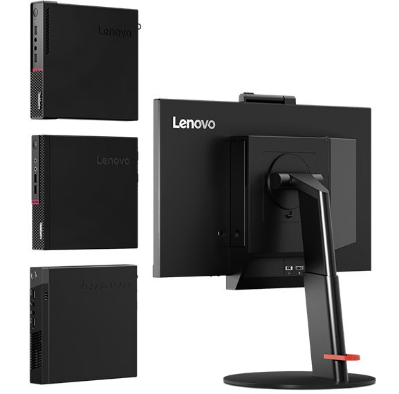 Lenovo ThinkCentre TIO 3 (22), back view beside multiple tiny PCs showing versatility