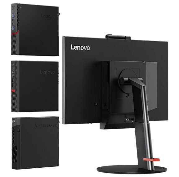 Lenovo ThinkCentre TIO 3 (24), back view beside multiple tiny PCs showing versatility