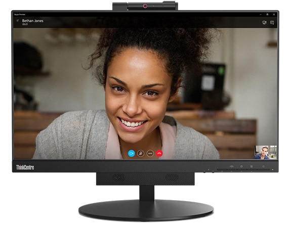 Lenovo ThinkCentre TIO 3 (22), front view showing video chat, with keyboard and mouse