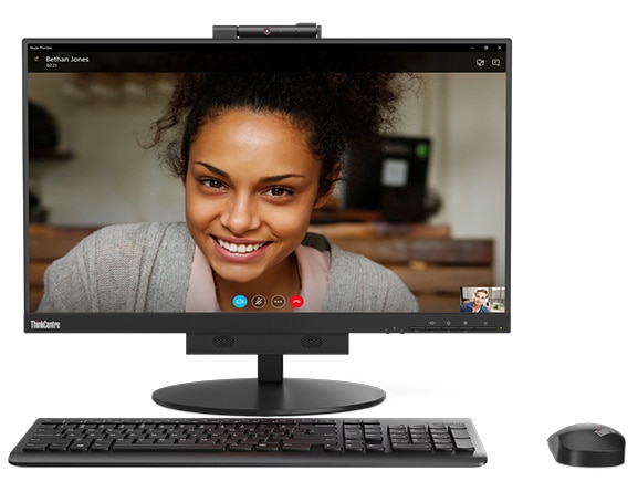 Lenovo ThinkCentre TIO 3 (24), front view showing video chat, with keyboard and mouse