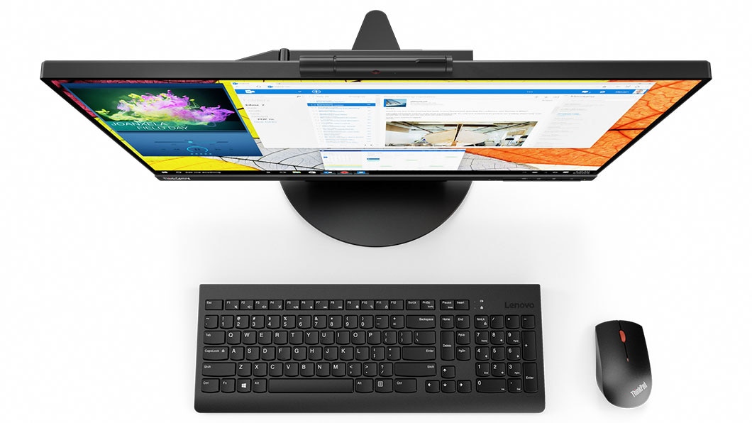 Lenovo ThinkCentre TIO 3 (24), front overhead view with mouse and keyboard