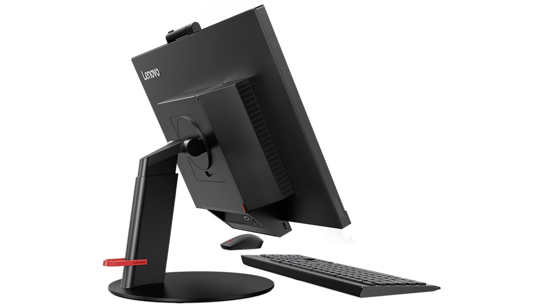 Lenovo ThinkCentre TIO 3 (24), back left side view with keyboard and mouse