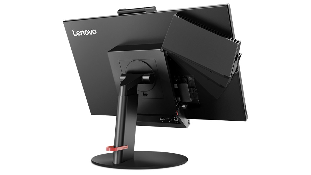 Lenovo ThinkCentre TIO 3 (24), back view showing swiveling cover for 3-in-1 connector access