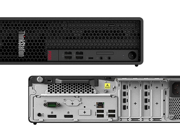 Two Lenovo ThinkStation P350 SFF workstations—one lying on its left side, front view, second on right side, rear view