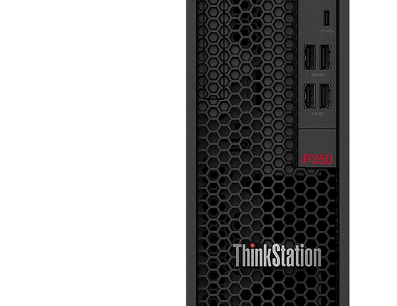 Lenovo ThinkStation P350 SFF workstation—close-up, cropped view of front and ports