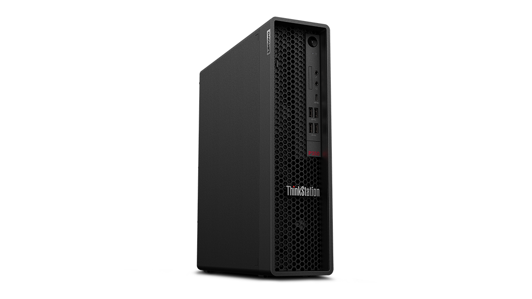 Lenovo ThinkStation P350 SFF workstation—front view, ¾ right-front view from bottom