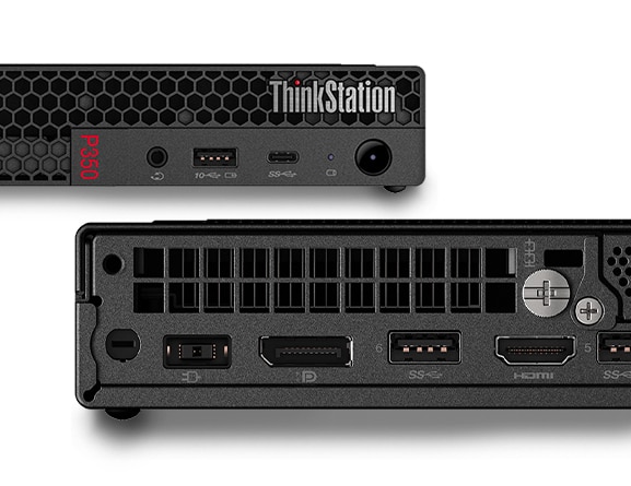 Detail of partial front and back sides of Lenovo ThinkStation P350 Tiny workstations.