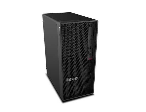 Lenovo ThinkStation P350 Tower workstation—front view, ¾ right-front view from top