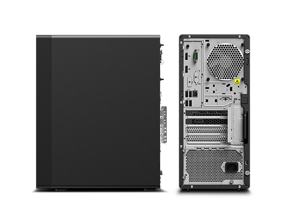 Lenovo ThinkStation P350 Tower workstation—right side profile next to image of back with ports and fans