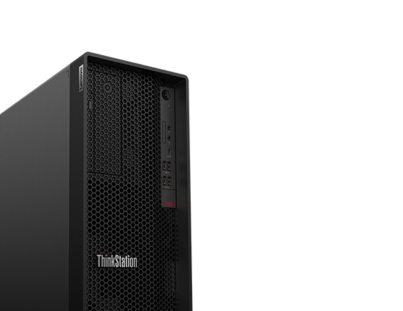 Lenovo ThinkStation P350 Tower workstation—right side profile next to image of back with ports and fansLenovo ThinkStation P350 Tower workstation—front view, ¾ right-front view from bottom