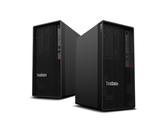 Lenovo ThinkStation P350 Tower workstation—front view ¾ views of both left and right sides