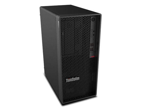 Front-facing Lenovo ThinkStation P360 tower workstation angled slightly to show left side. 