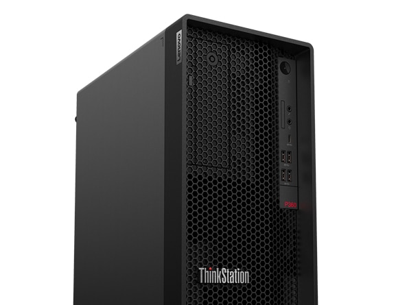 Upper half of Lenovo ThinkStation P360 tower workstation showing optional optical disk drive and ports, and part of left side.
