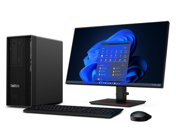 Front-facing, angled slightly to show right sides of Lenovo ThinkStation P360 tower workstation, wireless keyboard and mouse, and ThinkVision monitor.
