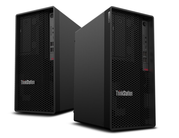 Two front-facing Lenovo ThinkStation P360 tower workstations side-by-side with each slightly angled to show the right and left side too.