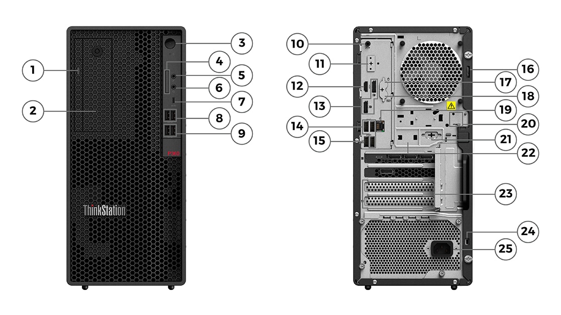 Two Lenovo ThinkStation P360 tower workstations side-by-side, one front facing and the other rear facing, both with numbered ports and slots.