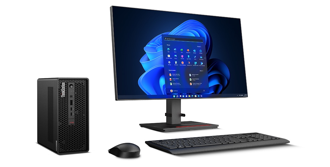 Lenovo ThinkStation P360 Ultra workstation with wireless mouse, keyboard, and ThinkVision monitor with Windows 11 Pro Start menu on screen