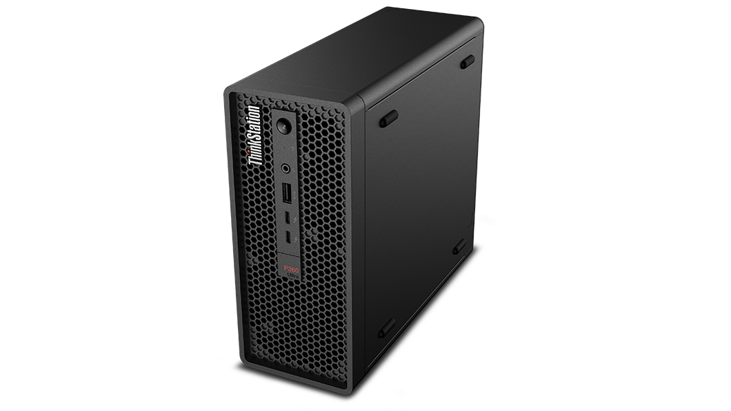 Overhead shot of Lenovo ThinkStation P360 Ultra workstation positioned vertically, showcasing front panel & right-side ventilation.