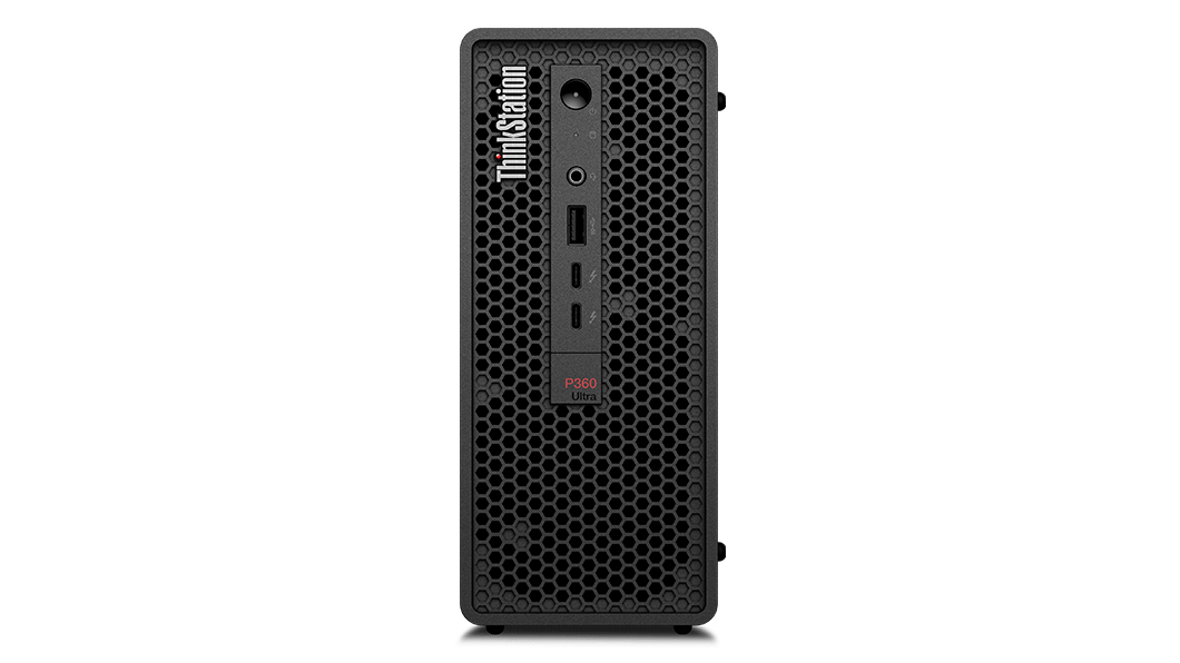 Front-facing Lenovo ThinkStation P360 Ultra workstation positioned vertically, showcasing ports on front panel.