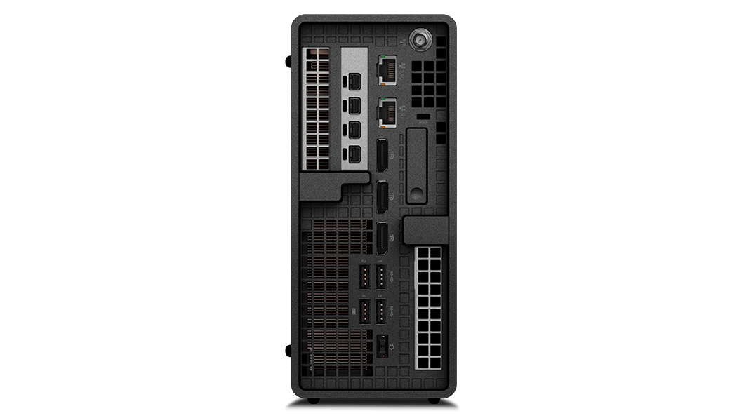 Painel posterior na workstation Lenovo ThinkStation P360 Ultra posicionada na vertical, a mostrar as portas e as ranhuras.