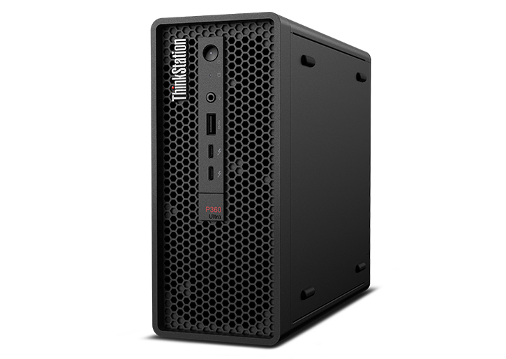 Lenovo ThinkStation P360 Ultra workstation positioned vertically, showcasing front panel & right side.