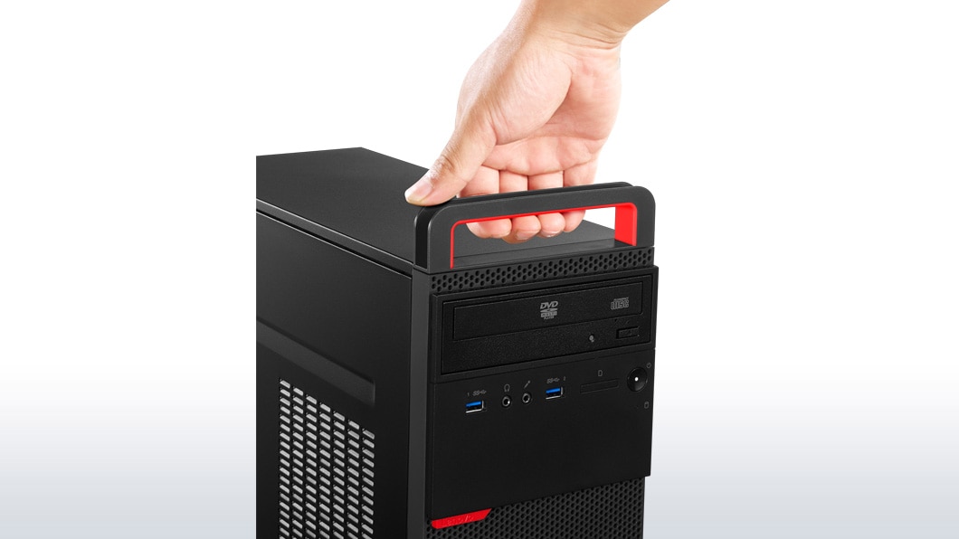 Lenovo ThinkCentre M700 Tower Desktop being lifted by integrated handle