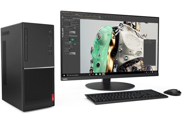 Lenovo V330 Tower Desktop. Shot showing the tower from the left, alongside a display, keyboard, and a mouse.