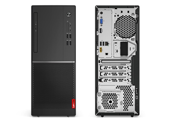 Lenovo V330 Tower Desktop. Two side by side shots of the front and back of the PC.