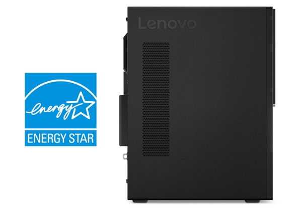 Lenovo V330 Tower Desktop. Shot of the Energy Star logo beside the lefthand side panel of the tower.