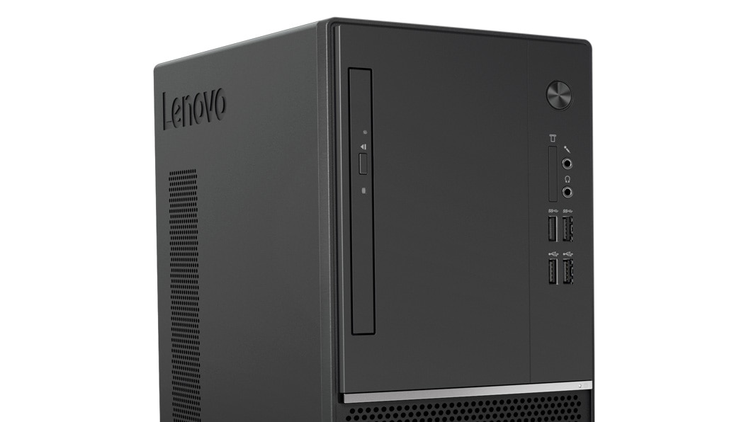 Lenovo V330 Tower Desktop. Shot from the left showing half of the front panel, featuring the USB ports and disk drive