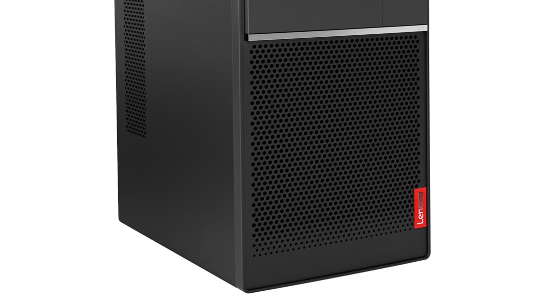 Lenovo V330 Tower Desktop. Shot of the lower half of the tower, showing the lefthand and front panels, with the Lenovo logo