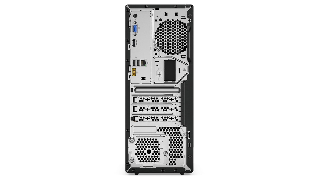 Lenovo V330 Tower Desktop. Shot showing the rear panel, including rear I/O ports.