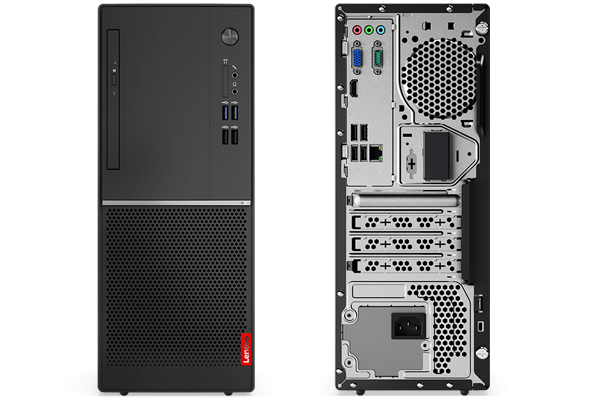 Lenovo V520 tower PC, front and back sides, vertically positioned.