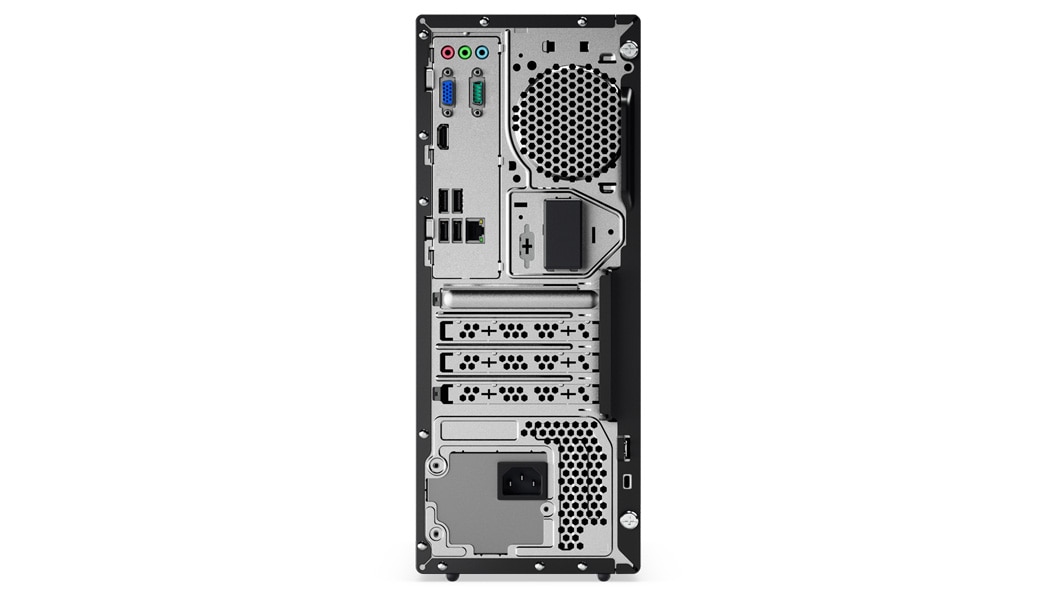 Lenovo V520 tower PC, back side showing ports, slots, power outlet, vertically positioned.