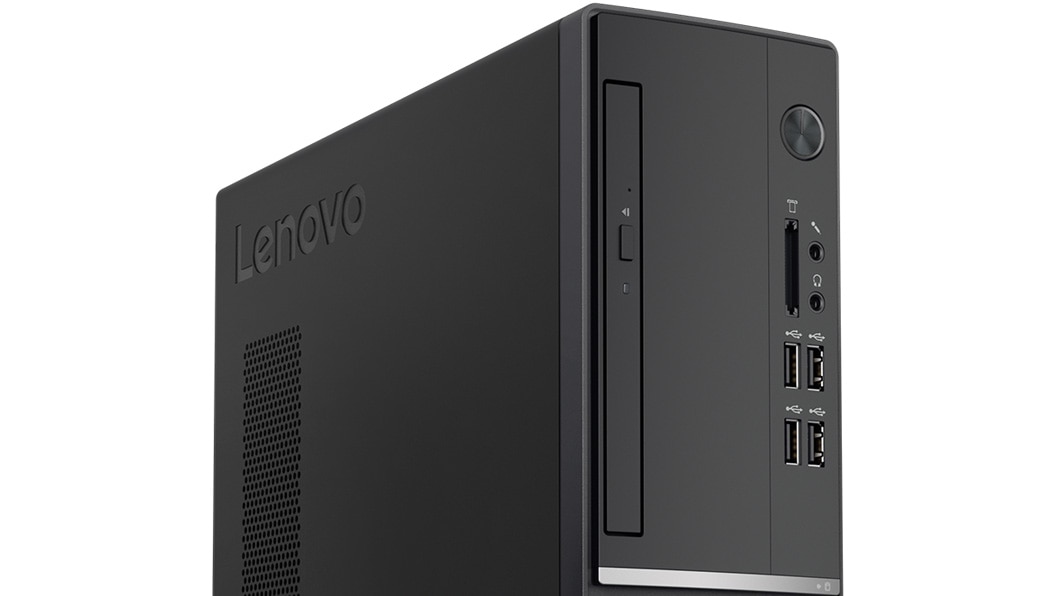 Side-angled front view Lenovo V520 tower desktop showing ports and vents on top half.