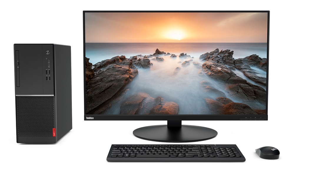 The Lenovo V55t tower desktop with monitor, keyboard, and mouse