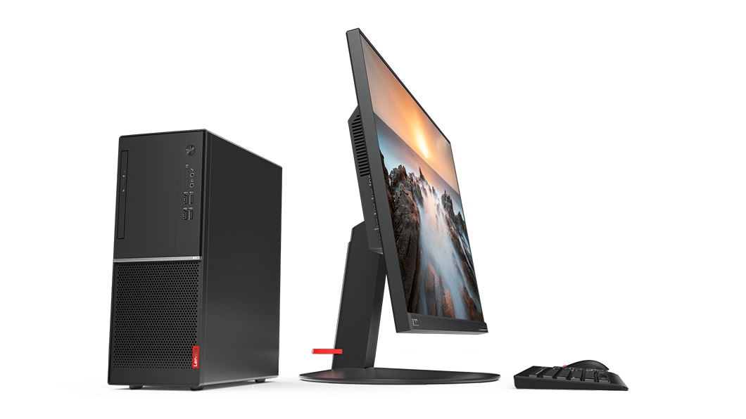 The Lenovo V55t tower desktop with side views of the monitor, keyboard, and mouse
