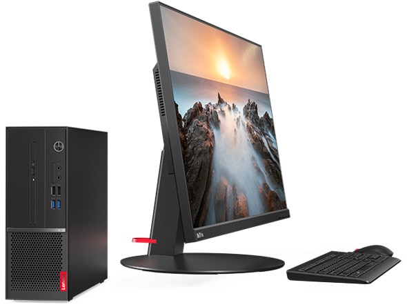 Lenovo Desktop v530s Tower side view with monitor and keyboard